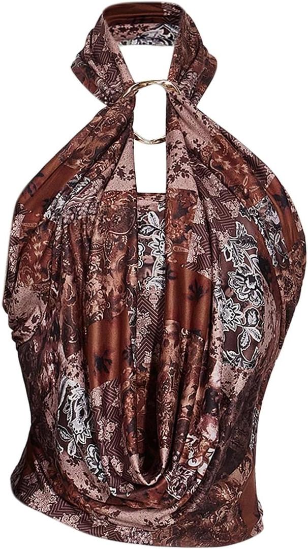 Women's Vintage Draped Halter Tops Metal Ring Sleeveless Y2K Crop Top Going Out Clothes (Large, Multicolor)