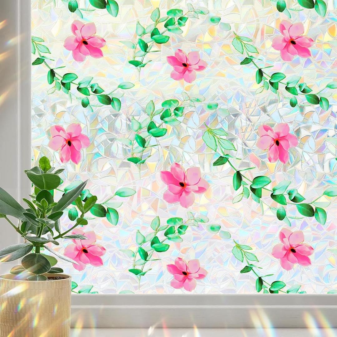 Coavas Window Privacy Film, Stained Glass Window Film Decorative, Rainbow Static Cling Windows Coverings Film, Floral Non-Adhesive Sun Blocking Decals for Home Bathroom Door, Pink, 17.5" x 78.7"
