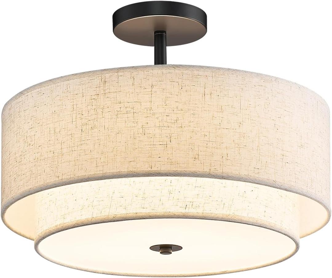 16" Semi Flush Mount Ceiling Light,3-Light Double Drum Black Light Fixtures Modern Farmhouse 2-Tier Linen Shade Design for Bedroom, Living Room, Kitchen, Dining Room, Entryway and Hallway