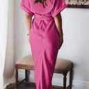 Women Elegant Satin Button Down Short Sleeve Maxi Shirt Dress with Belt (Pink, XL)