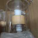 Bamboo Bathroom Accessories Set 4 Pcs - Clear Toothbrush Holder Plastic Soap Dispenser and 2 Qtip Holder Cotton Swab/Pad/Ball Container Jar