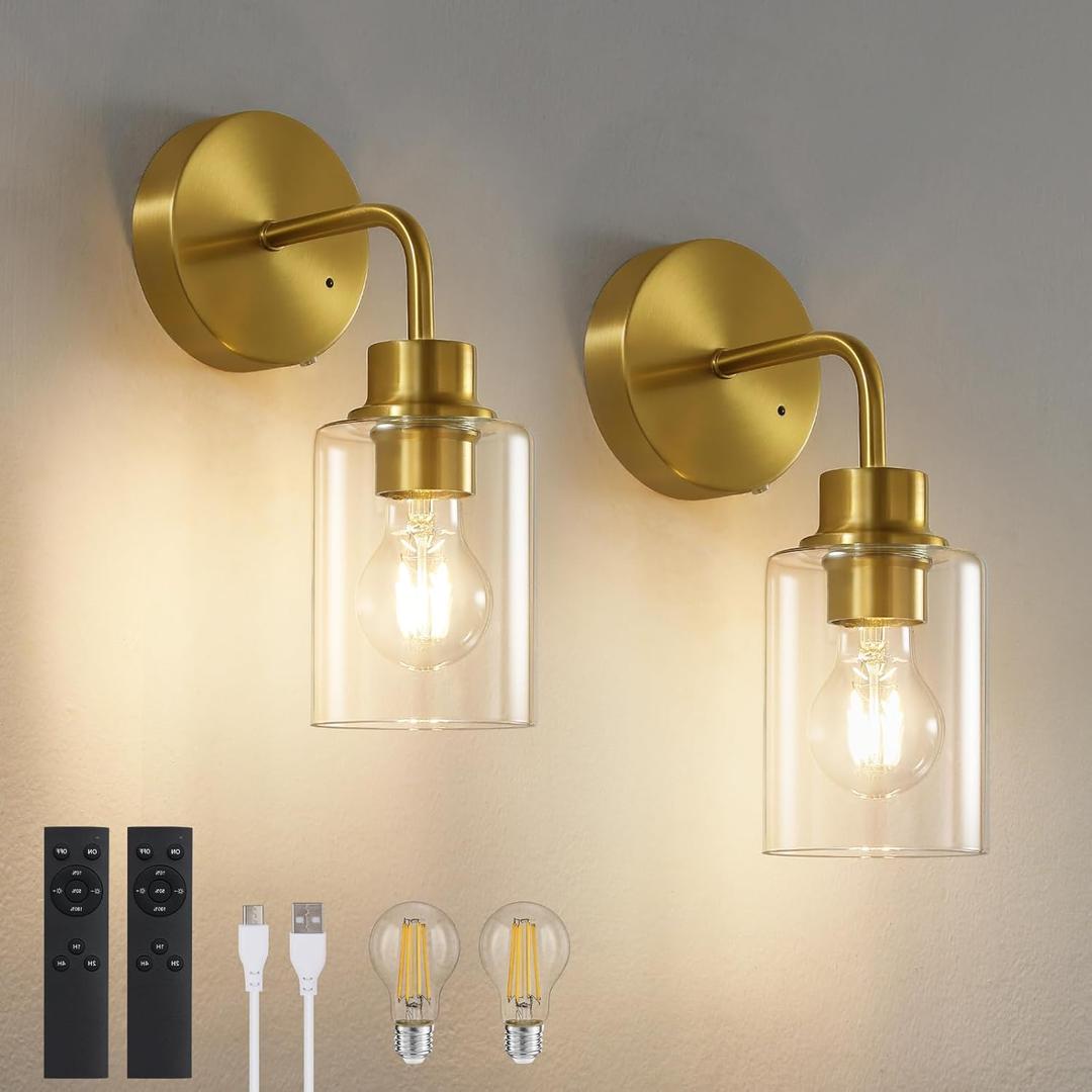 Battery Operated Wall Sconce Set of Two - Dimmable Wireless Sconces Set of 2 with Remote Control, Cordless Rechargeable Gold Wall Lights 3000K Modern wall lamp for Bathroom Bedroom Living Room