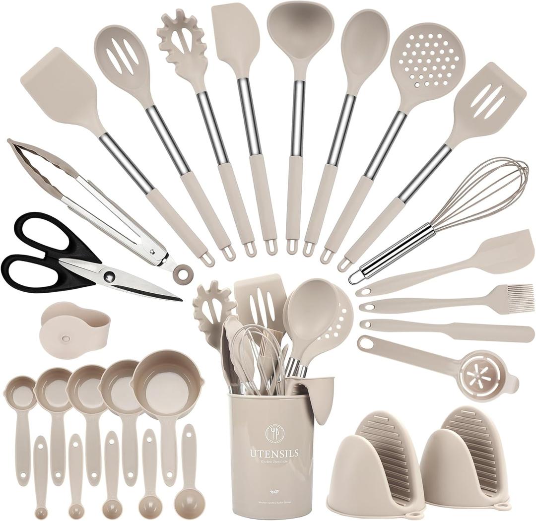 Kitchen Utensils Set, Heat-Resistant Non-Stick Silicone Cooking Utensils Set with Stainless Steel Handle, Dishwasher Washable Kitchen Spatula Tools for Cooking and Serving, 28 Pcs (Khaki)