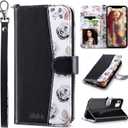 ULAK Compatible with iPhone 11 Wallet Case with Card Holder, Premium PU Leather Flip Cover with Kickstand Magnetic Closure, Shockproof Protective Phone Case for iPhone 11 6.1 Inch, Black Flower