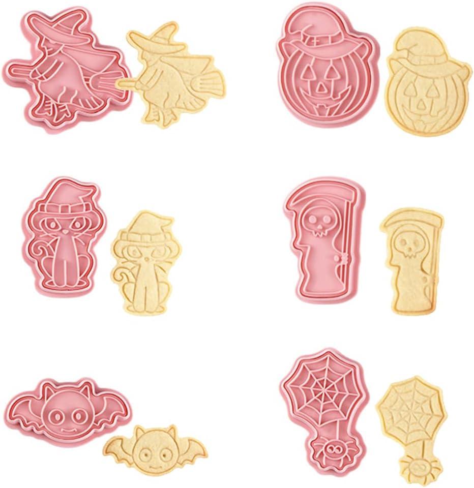 Guowall 6pcs Halloween Cookie Cutters With Plunger Stamps Set 3D Cookie Stamps Funny Cartoon Biscuit Cutter for Baking Supplies