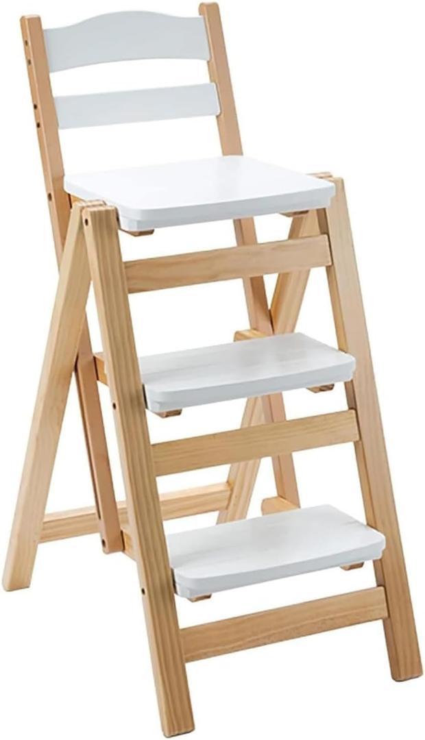Wooden Folding Step Stool Chair, Solid Pine Wood 3-Step Ladder Stool with Seat, Multi-Purpose Step Chair for Kitchen, Home, Pantry or Bar Use(White)