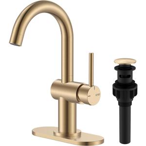 KENES Champagne Bronze Bathroom Faucet 1 Hole, Single Handle Gold Bathroom Sink Faucet for Vanity, Bar Sink Faucet with Drain Assembly & Deck Plate, Farmhouse RV Camper Outdoor Faucet, KE-9005B-CB  Short, Champagne Bronze
