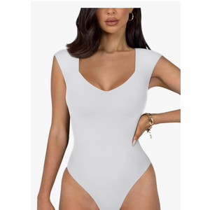 REORIA Butsmooth® Women's Trendy Sexy Casual V Neck Double Lined Sleeveless Slimming Going Out Tank Top Bodysuits L
