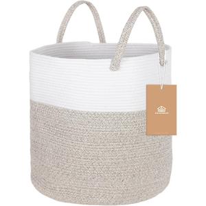 ShellKingdom Laundry Basket, Large Natural Rope Woven Storage Basket with Handles for Home, Living Room, Laundry, Storage Organizer for Blankets, Clothes, Toys, 19.7 x 14.96 INCH (2-Toned White Khaki) (58L)