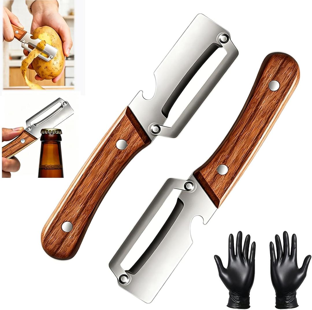 2PCS Multi-Functional Vegetable Peeler for Kitchen with Wooden Handle and Bottle Opener, 2 in 1 Stainless Steel Veggie Peeler Kitchen Gadgets Tool for Fruit Potato Pumpkin Apple Carrot Papaya