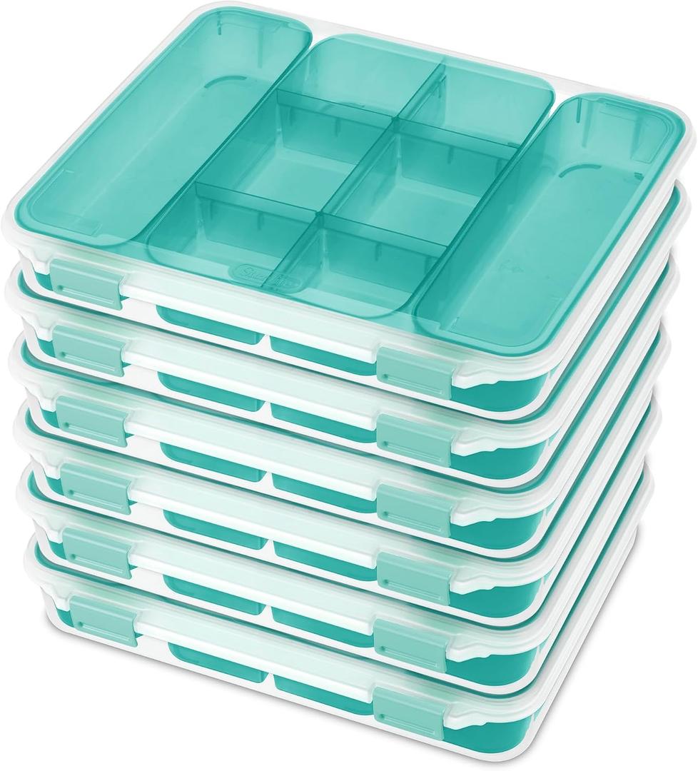 Sterilite Divided Case, Stackable Plastic Small Storage Container with Latch Lid, Organize Crafts, Small Hardware Items, Clear with Blue Trays, 6-Pack
