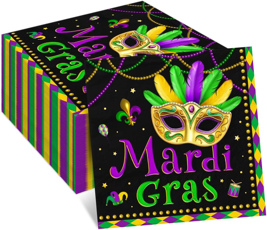 48 Pack Mardi Gras Paper Napkins Carnival Masquerade Disposable Napkins Fat Tuesday Dinner Decorative Napkins for New Orleans Masquerade Party Decor 6.5 x 6.5 Inch