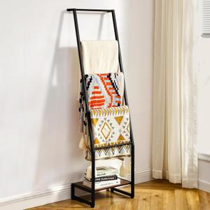 Blanket Ladder, 5 Tier Ladder Shelf,Wooden Blanket Ladders for Living Room and Bedroom, 5.2ft Blanket Holder Rack Farmhouse Ladder Rack for Storage and Home Decor, Rustic Brown and Black