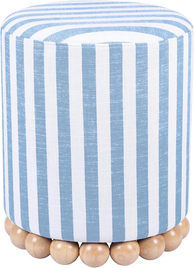 Tov Furniture Dex Pastel Blue Striped Linen Round Ottoman with Wooden Base
