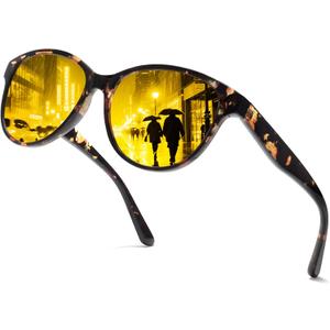 Chicid Night Driving Glasses for Women, Polarized Night Vision Glasses Anti-Glare UV400 Protection (A03 Floral Brown Frame/Yellow Lens)