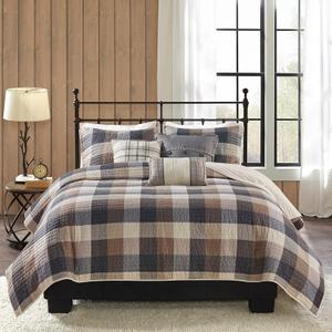 Madison Park Reversible Quilt Cabin Lifestyle Plaid Design - All Season, Breathable Coverlet Bedspread Bedding Set, Matching Shams, Full/Queen(90"x90"), Neutral 6 Piece