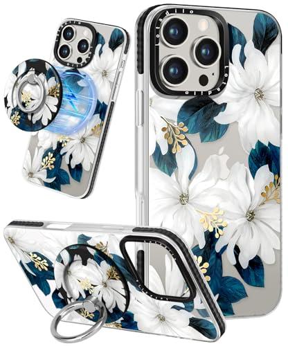 Lotadilo Case for iPhone 16 Pro Case Compatible with Magsafe Ring Holder Stand - for Women Blue Flower Design TPU Phone Cover for Girls Girly Funny Fashion