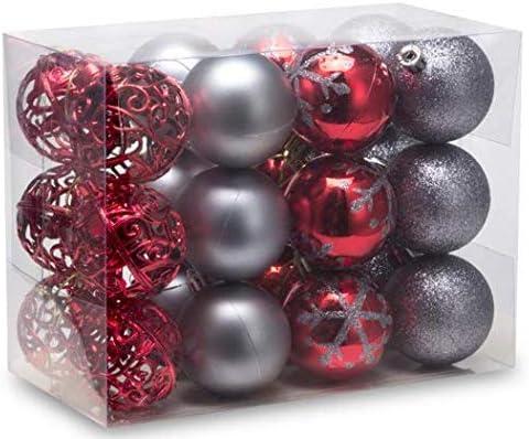 2.36"/60mm shatterproof Christmas Ball Ornaments Tree Decoration Baubles Set of 24 Counts (red & Grey)