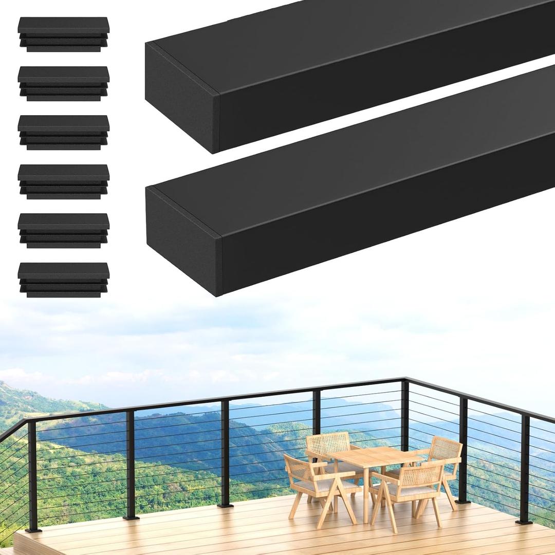 6'6'' Stainless Steel Rectangular Handrail 2 Pack, Cuttable Cable Railing Handrails System, Black Flat Top Rail with Nylon End Caps for Indoor Outdoor Deck Stair, MY01