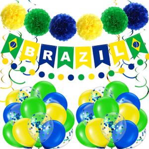 RoundFunny Brazil Flag Party Decorations Brazilian Theme Kit with Banner, Green Yellow Blue Balloons, Pom Poms, Swirls DIY Supplies for Carnival Independence Day Soccer Sports Event