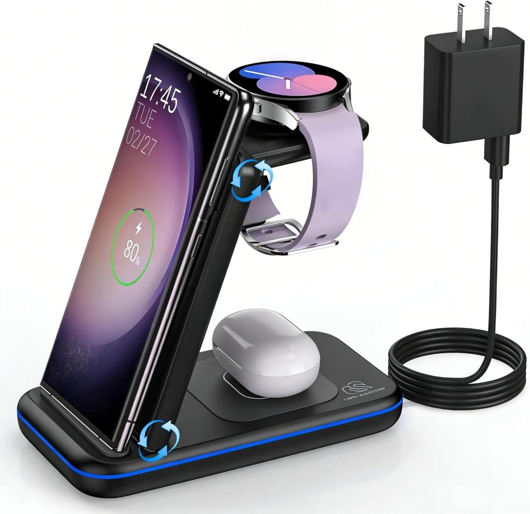 Wireless Charging Station for Samsung/Android, Fast Wireless Watch Charger Station Compatible for Samsung Galaxy S25 Ultra/S24/S23+/Z Flip 7/6 Fold 7/6, Watch8/7/Pro/Active 2 Galaxy Buds3/2 Pro(Black)