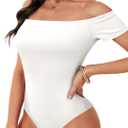 Rooscier Women's Sexy Off The Shoulder Short Sleeve Bodysuit Basic Double Lined Thong Body Suit Tops (White, M)