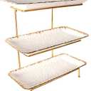 3-Tiered Serving Rack with Ceramic Tray, Foldable Gold Stand with 3-PCS 14 Inch Gold Rim Plates, for Food Display, Fruit, DessertDecoration for Parties Entertaining