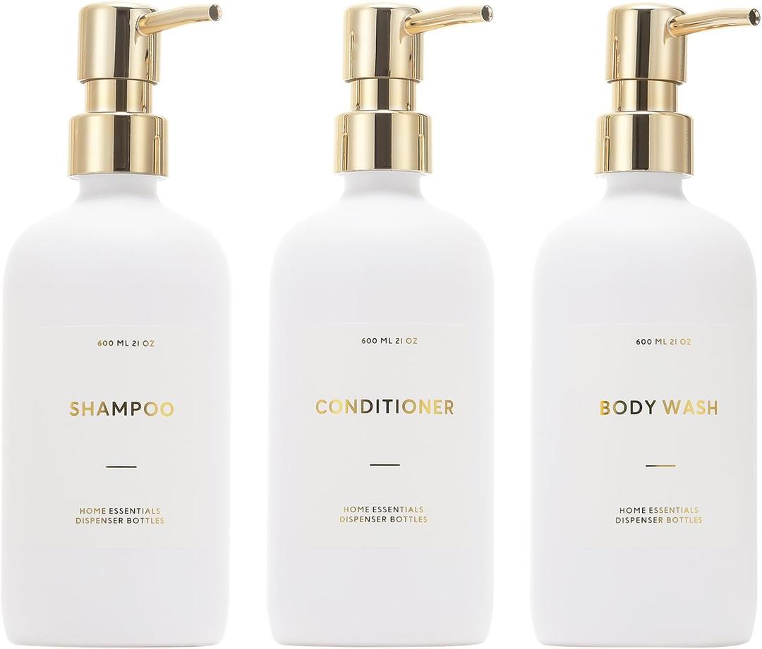 HOMCDALY Shampoo and Conditioner Dispenser, 21oz 3-Pack Refillable Pump Bottles, Shampoo Container, Empty Pump Bottle, Bathroom Shower Dispenser21oz-White&Gold