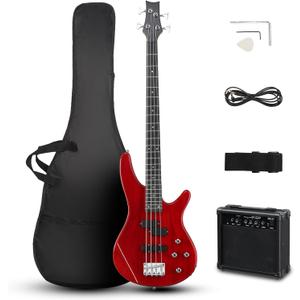 Ktaxon Electric Bass Guitar 4 String Bass Guitar with 20 Watt Amplifier, PJ Type Pickup, Naturally air-dried Maple Neck, Rosewood Fretboard, Basswood Body(Red) (Full)