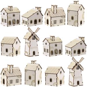 Hiboom 12 Pcs DIY Christmas Village Sets Wood Peaked Roof Houses Christmas Mini Wooden House Gift for Winter Xmas Party Decorations