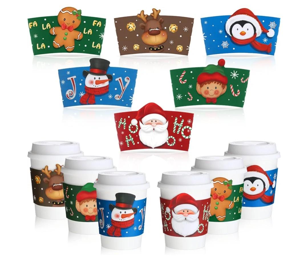 Faccito 24 Pieces Christmas Coffee Cup Sleeves Bulk for 12 oz, 16 oz Christmas Disposable Corrugated Paper Cup Sleeves with Snowman Santa Reindeer Pattern for Tea Hot Chocolate Cocoa Cold Beverage