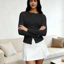 Women’s Ribbed Long Sleeve Tops Button Down Open Front Fall Going Out Button Up Slim Fit Casual Tops Black