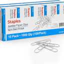 Staples Jumbo Paper Clips, Silver, NonSkid, 1,000 Pack HeavyDuty Clips for Thick Documents & Office Filing