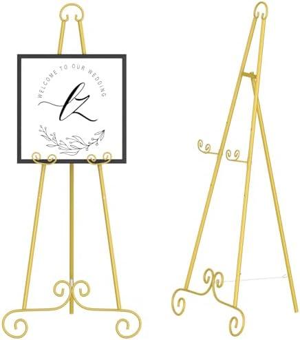 Display Easel, Metal Round Tube Scroll Vintage Gold Decorative Adjustable Floor Standing Easel with Chain Support, Perfect for Showcasing Pictures, Artwork, Picture Frame, Wedding Sign 