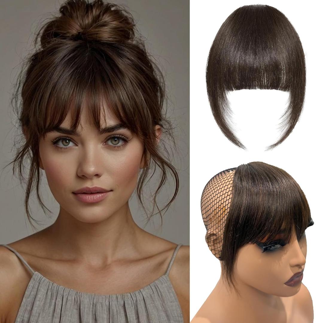 Clip-In Thick Bangs Hairpiece with Side Pieces, 100% Human Hair Bangs Extension for Women, Daily Wear, French Dark Brown
