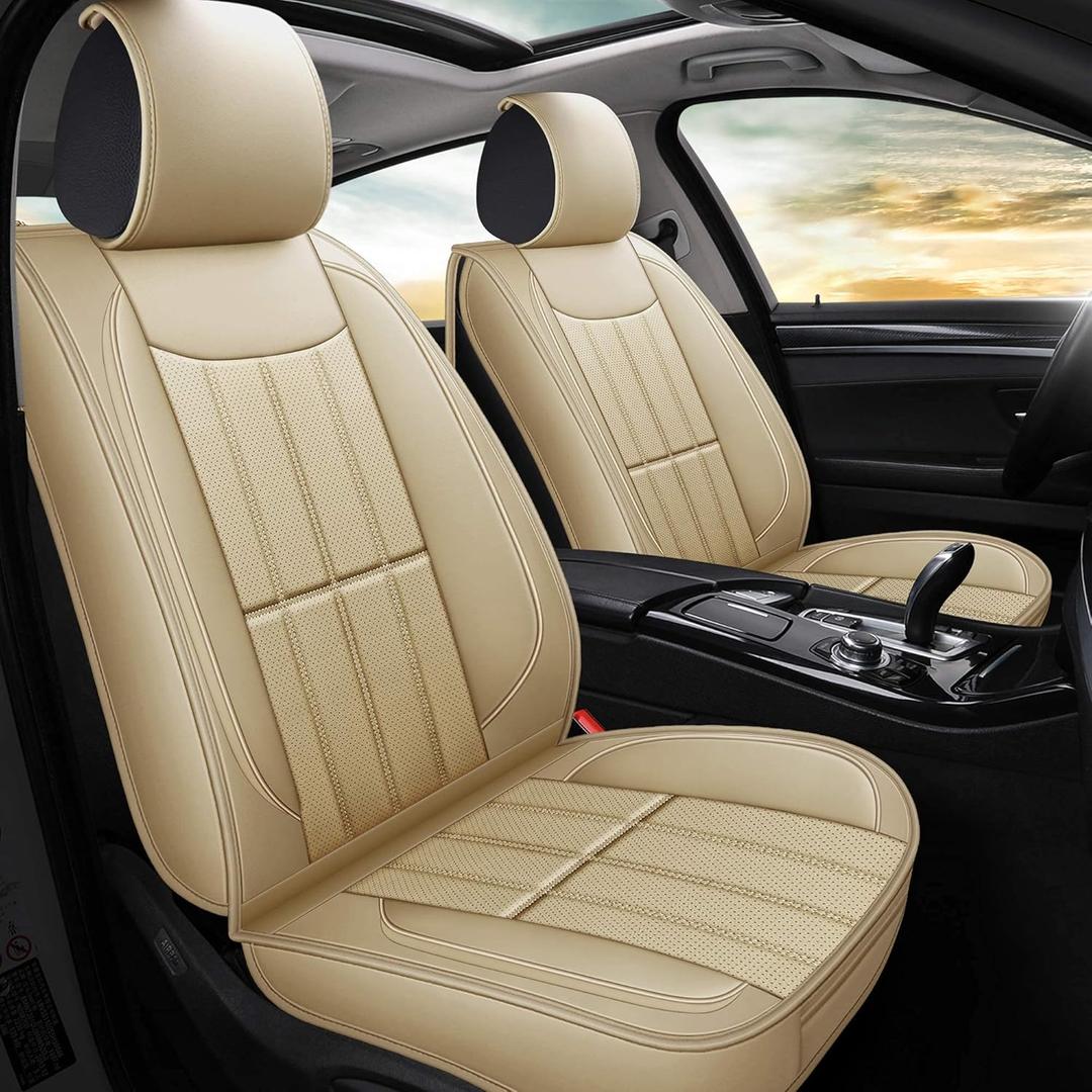 AOOG Leather Car Seat Covers, Leatherette Automotive Vehicle Cover for Cars SUV Pick-up Truck, Universal Non-Slip Vehicle Cover Waterproof Interior Accessories, Full Set, Beige