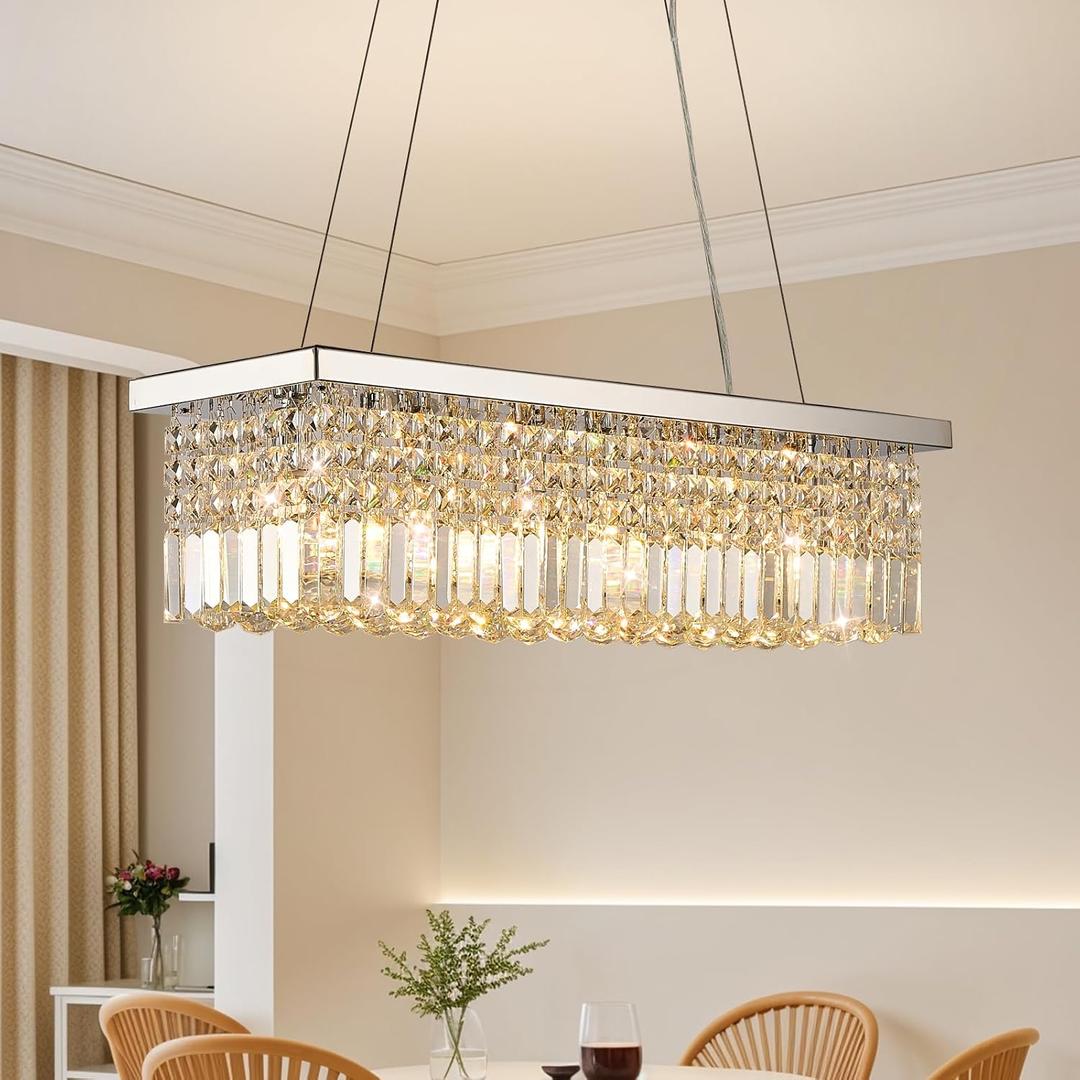 Modern Rectangle K9 Crystal Chandelier for Dining Room 6-Light Contemporary Rectangular Pendant Light Fixture for Living Room Kitchen Island Foyer Entryway Office Chrome L31.5 x W9.8 x H8.26