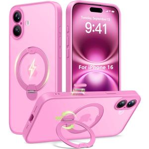 Upgraded Magnetic for iPhone 16 Case,[Unbreakable & Magnetic Stand] [Military-Grade Protection] [Phone Case Compatible with MagSafe] Slim Translucent Matte Shockproof Phone Cover,Rose Pink