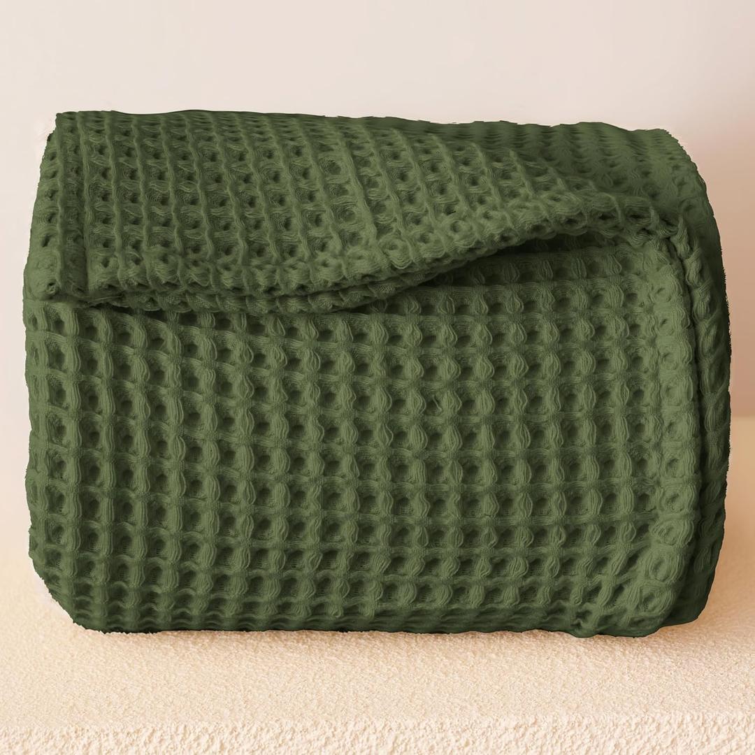 Premium Waffle Blanket Queen XL Size Green - Luxury, Pure 100% Turkish Cotton, Light & Airy Waffle Weave All-Season Quilt - Decorative Bedspread (Dark Green, Queen XL 95" x 102" Inch)