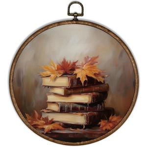 XBBMGG Vintage Fall Maple Leaf Book Wall Art Decor, Rustic Autumn Book Reading Round Wall Hanging Decor, Thanksgiving Bookish Framed Canvas Prints for Reading Room Library Home Decorations (10L" x 10W")