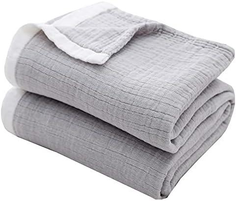 SE SOFTEXLY Muslin Throw Blanket,100% Cotton Blankets for Adults and Baby,4-Layer Soft Breathable Bed Throw Blankets All Season,Linen Texture Gauze Blankets Full/Queen Size(80"x90",Grey)