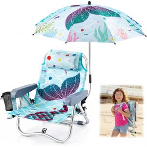 Yalikop Kids Beach Chair with 4 Positions Seaside Beach Chair with Umbrella Kids Folding Camping Seating for Boy Girls Children Sand Camping Travel Outdoor Summer Supply(Mermaid Theme)