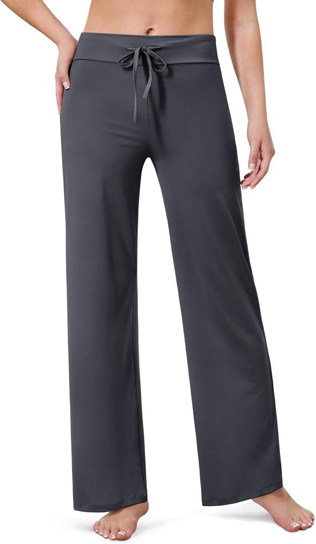 VALANDY Creamlush Drawstring Wide Leg Pants for Women Lounge Yoga Pants (Black)
