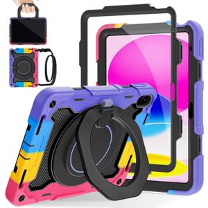 ROISKIN Case for iPad (A16) 11th Generation 11 Inch 2025, iPad 10th Generation Case 10.9" for Kids with Screen Protector,360 Kickstand & Handle,Shoulder Strap,Heavy Duty Military Grade Drop Protection (No Pen Holder, Black-Pink)