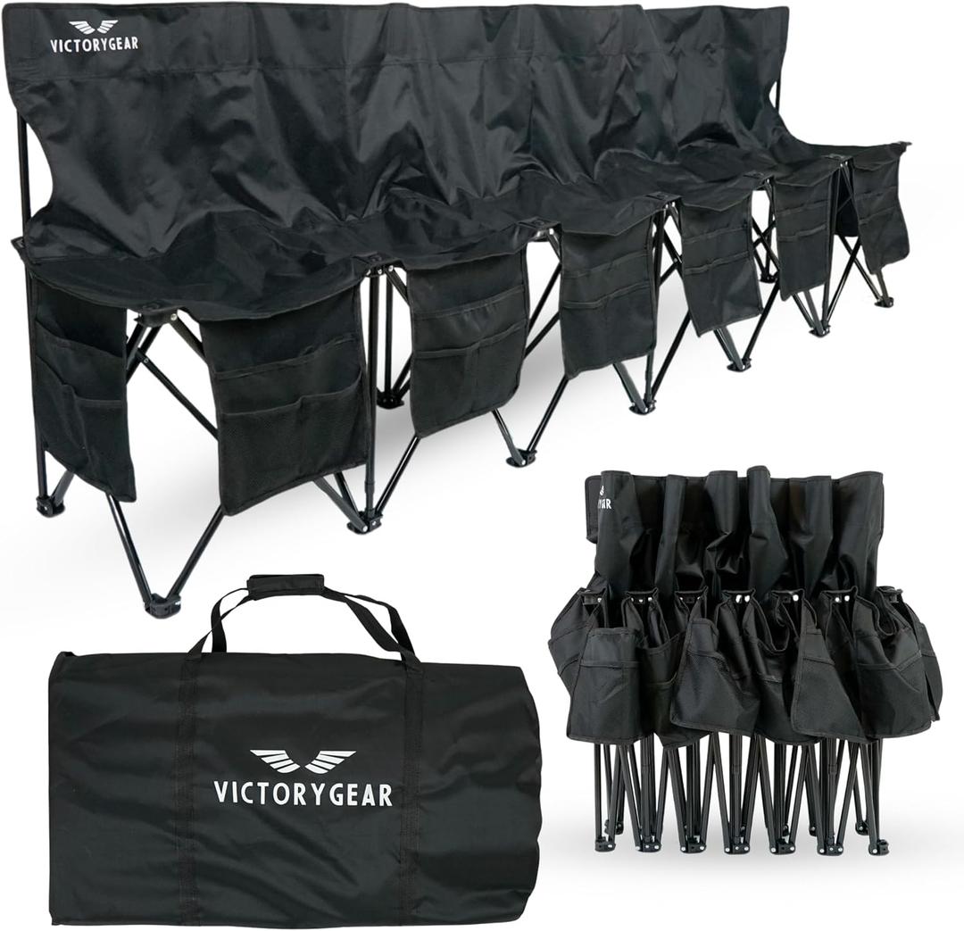VictoryGear Portable Soccer Bench 6 Seat Folding Team Chair with 8 Pockets & Carrying Bag Lightweight Sideline Seating for Soccer, Baseball, Camping, Outdoor Events, Large