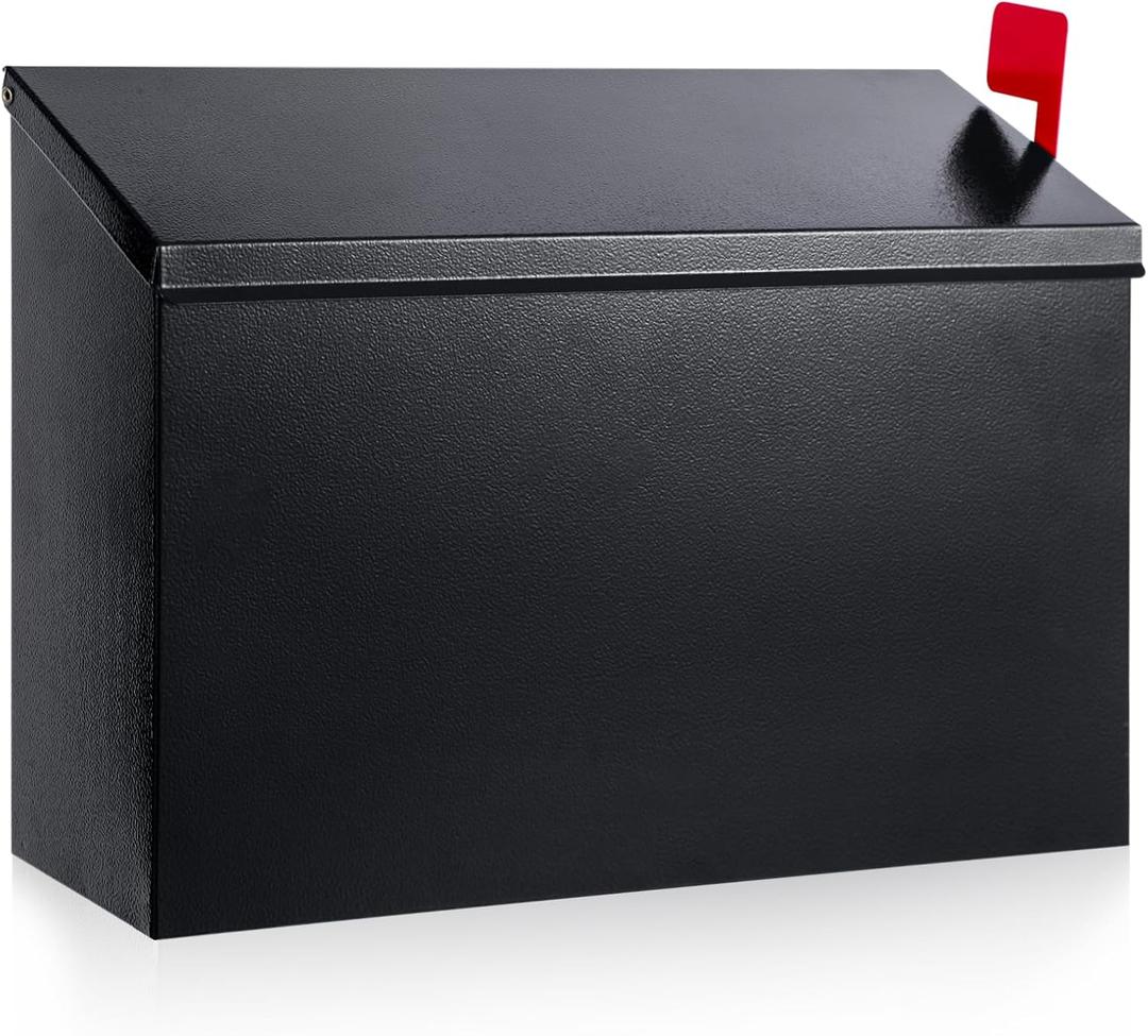 Wall Mount Mailbox for Outside with Flag, Galvanized Steel Mail Box for Post Outdoor, Large Capacity Rust-Proof Metal Postbox for House and Office, with 3 Sets Mailbox Numbers, 14.2"x9.5"x4" Black