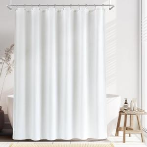 White Linen Shower Curtain, Boho Farmhouse Shower Curtain Set for Bathroom, 200GSM Luxury Weighted Water Resistant Fabric Textured Shower Curtains with 12 Metal Hooks, 72Wx72H