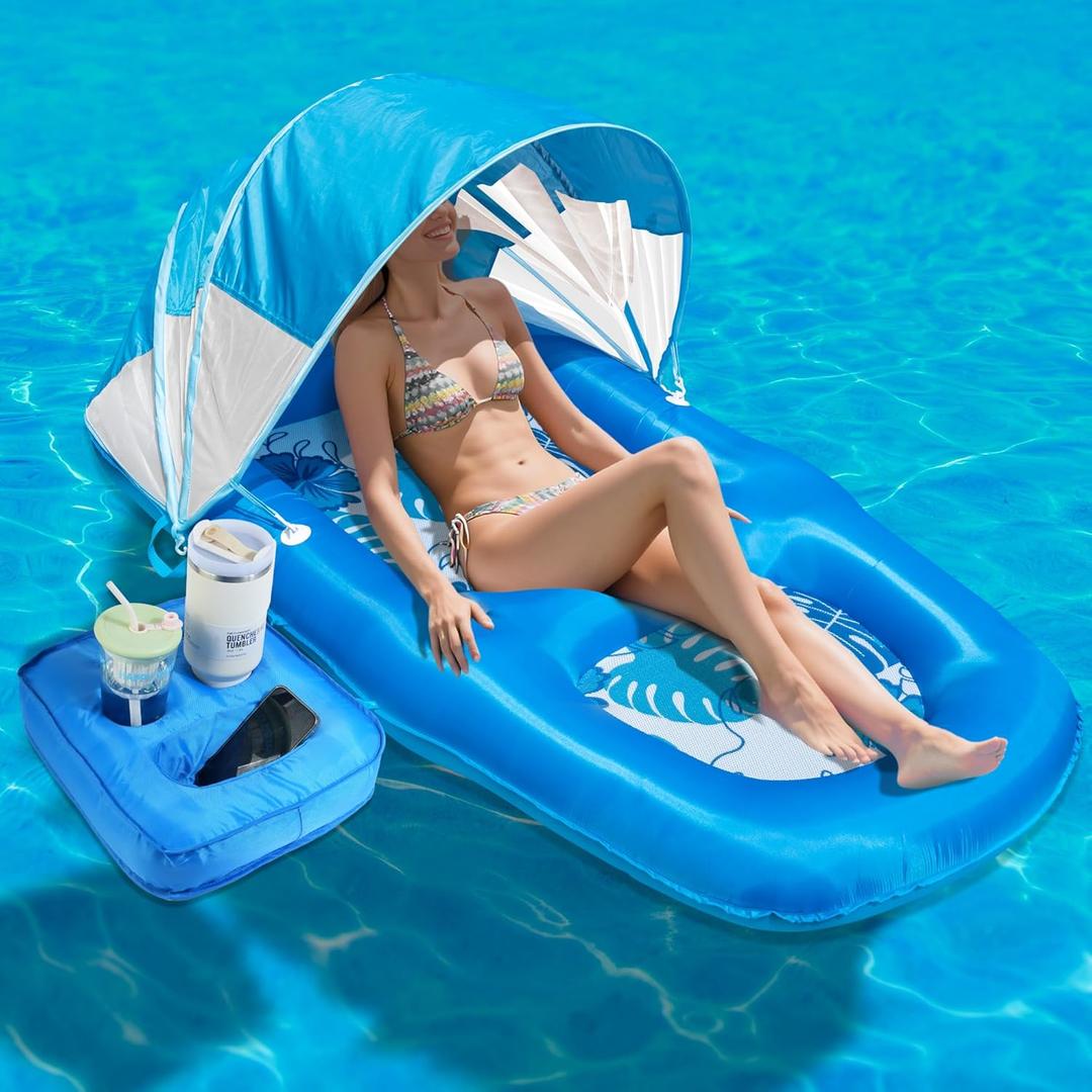 Fabric Covered Inflatable Pool Lounger Float Adult, 70"x39" Extra Large Pool Float w/ UPF50+ Sunshade Canopy & Cupholder Caddy, Water Floaties Raft Recliner Chair for Pool Party Lake Beach (Blue)