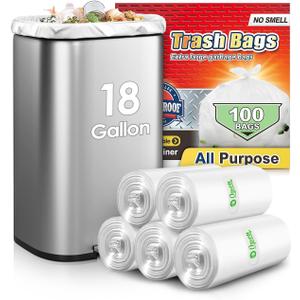 18 Gallon 100 Counts Compactor Bag Tall Kitchen Trash Bags,Fit 15,16,18,20Gal,Garbage Bags by Teivio, Unscented,Bin Liners, Plastic Bags for home, for Bathroom, Office, Industrial, Clear