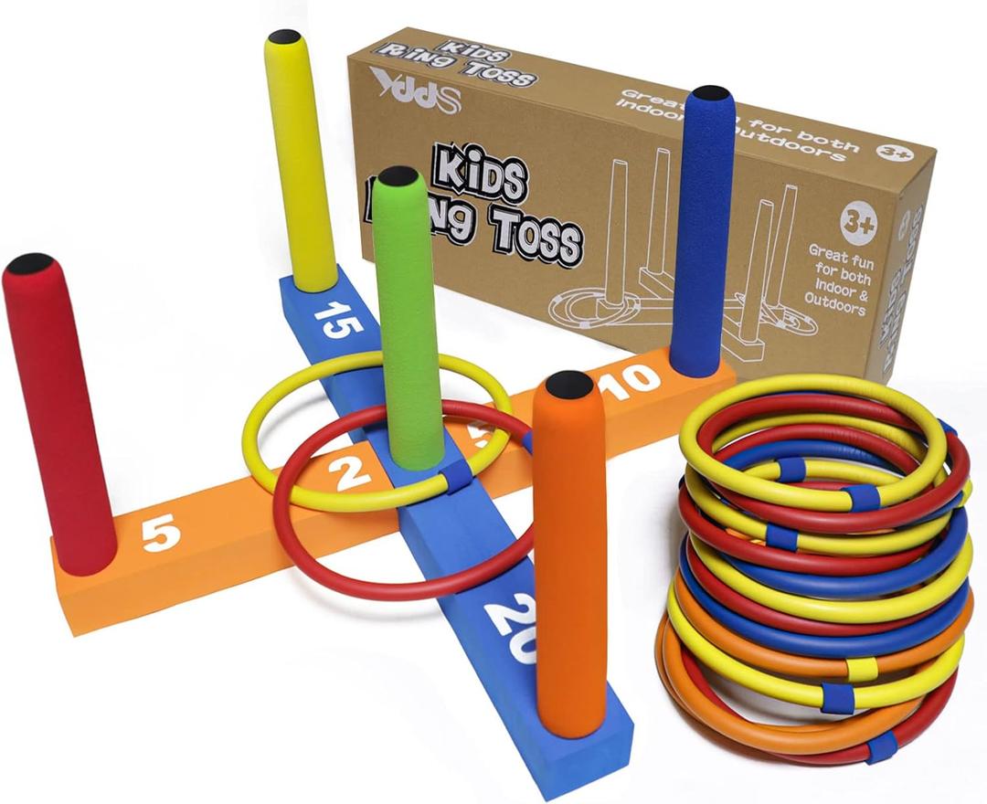 Ring Toss Game for Kids, Indoor & Outdoor Game for Family and Adults with 5 Poles, 2 Bases and 16 Rings in 4 Colors, Soft Foam Toy for Kids Backyard Ring Toss Fun (BLUE & ORANGE)